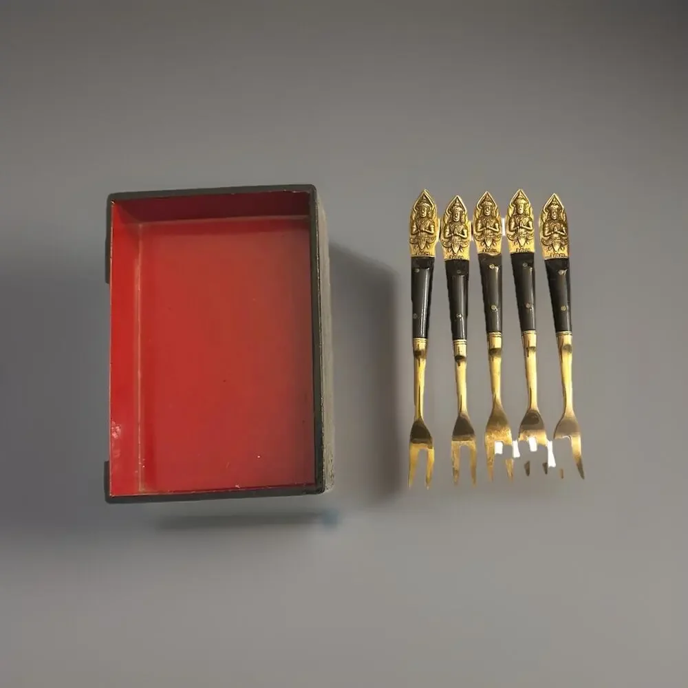 1950’s Siam Buddha Flatware Set Bronze Brass 6 Shrimp Forks Lacquer Display Box